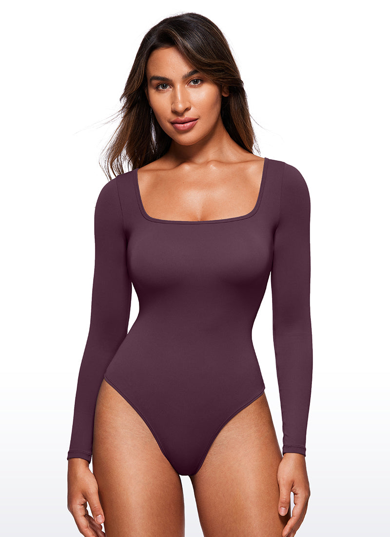 CRZ YOGA Women's Yoga Tight Fit Square Neck Long Sleeves Bodysuits Deep Purple @model_info:Joy
