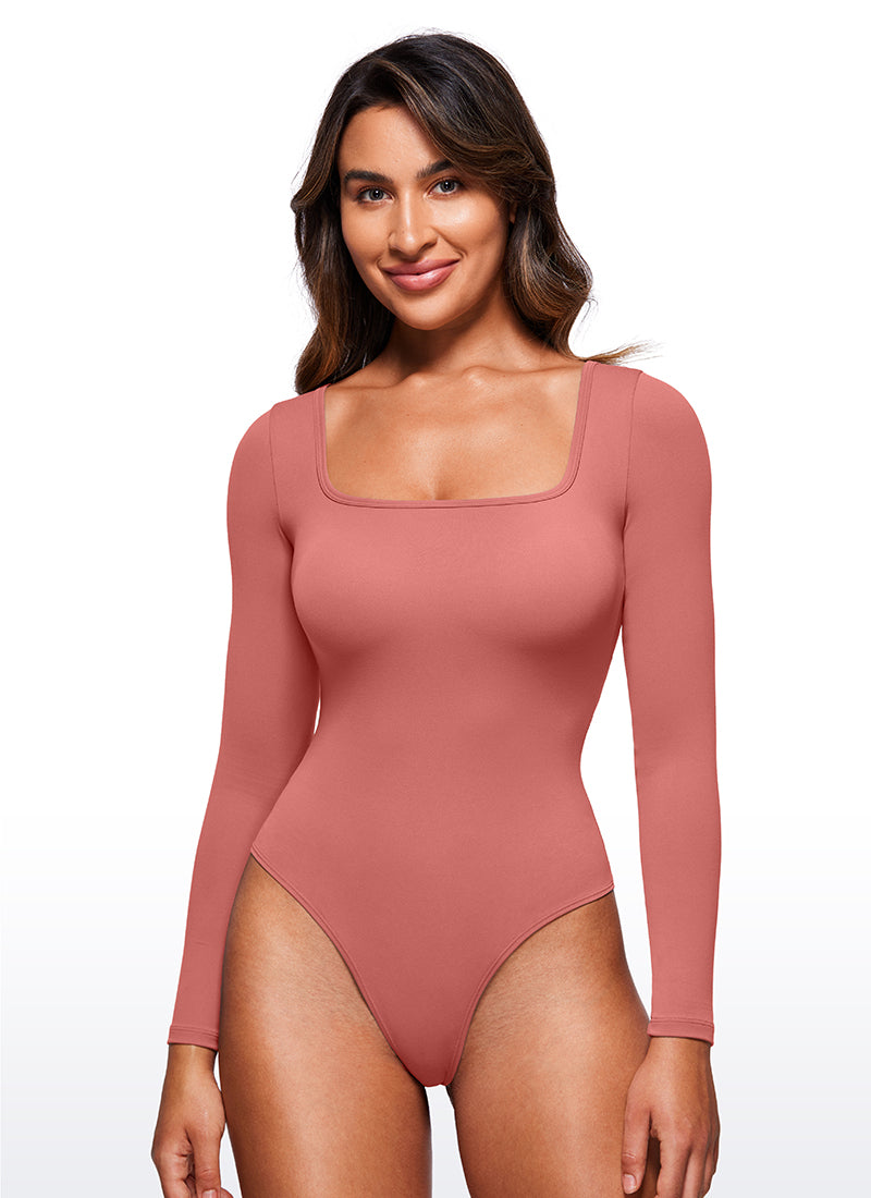 CRZ YOGA Women's Yoga Tight Fit Square Neck Long Sleeves Bodysuits Briar Rose @model_info:Joy