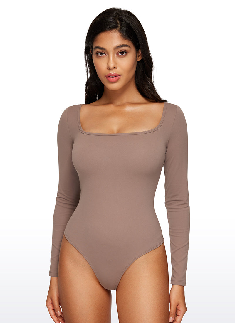 CRZ YOGA Women's Yoga Tight Fit Square Neck Long Sleeves Bodysuits Brown Purple @model_info:VIC
