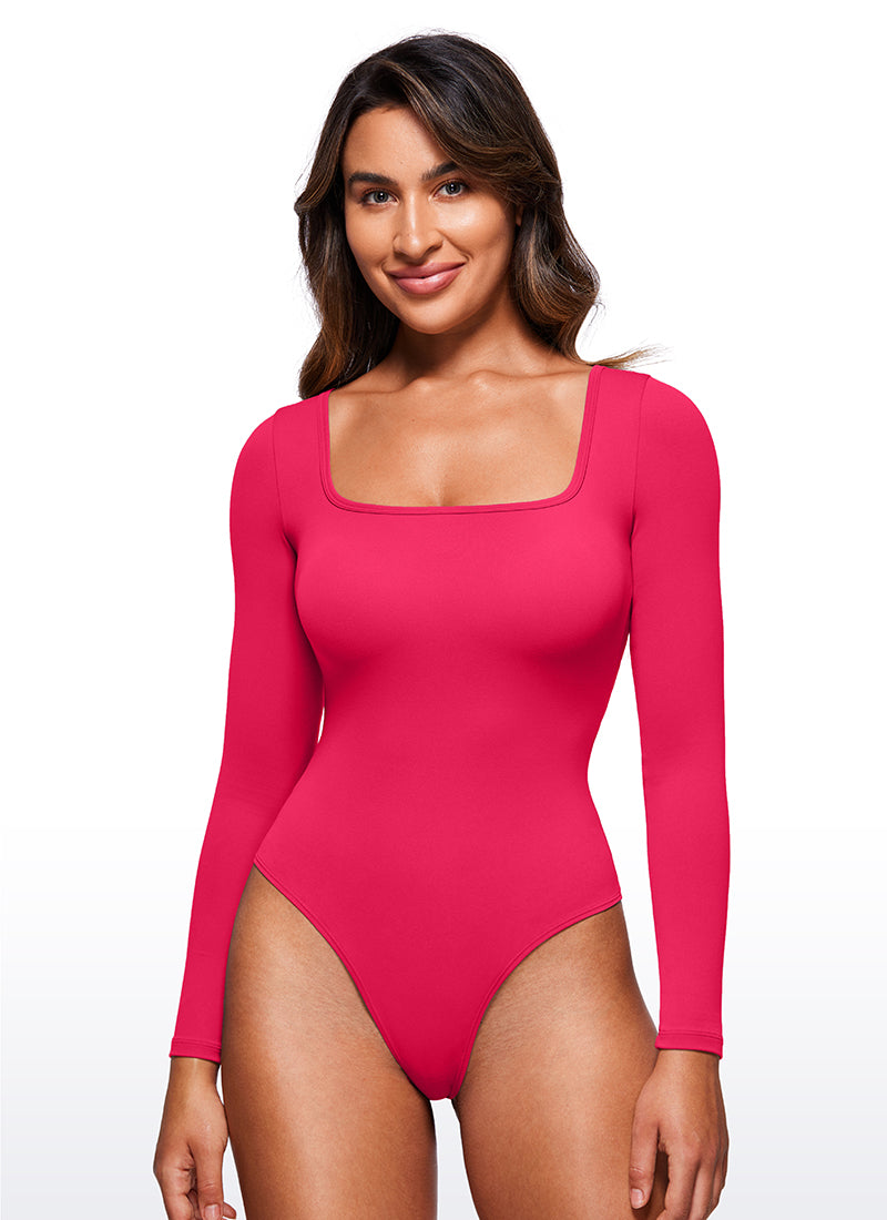 CRZ YOGA Women's Yoga Tight Fit Square Neck Long Sleeves Bodysuits Viva Magenta @model_info:Joy