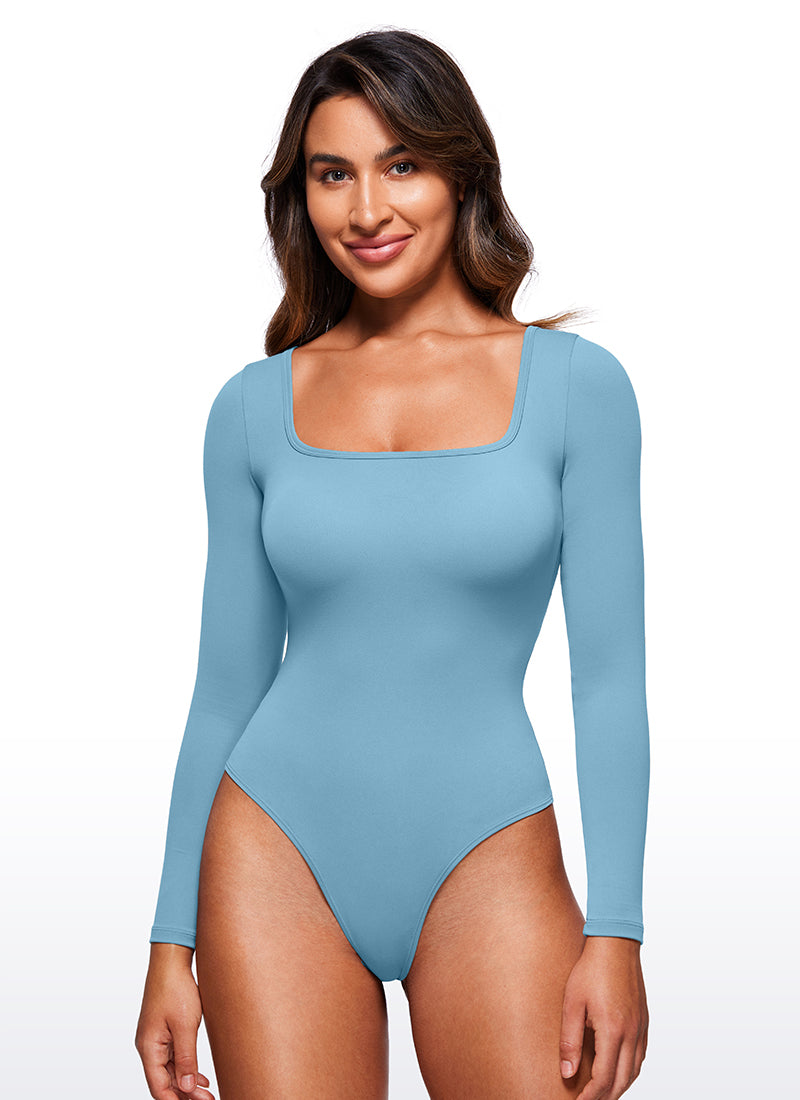 CRZ YOGA Women's Yoga Tight Fit Square Neck Long Sleeves Bodysuits Pure Blue @model_info:Joy