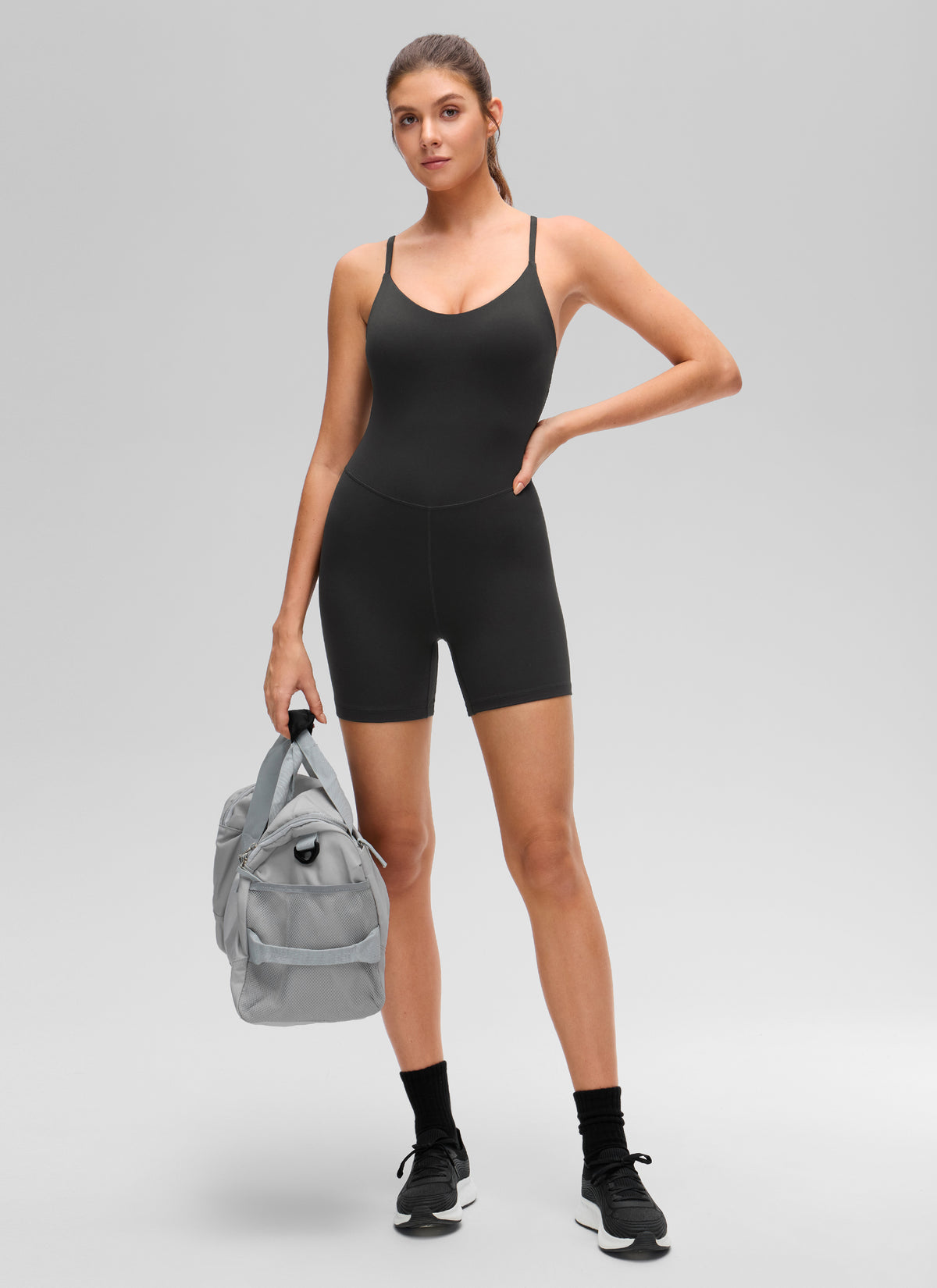 CRZ YOGA Women's Butterluxe Yoga U Neck Cross Back Built in Bra Romper Black @model_info:Gelya