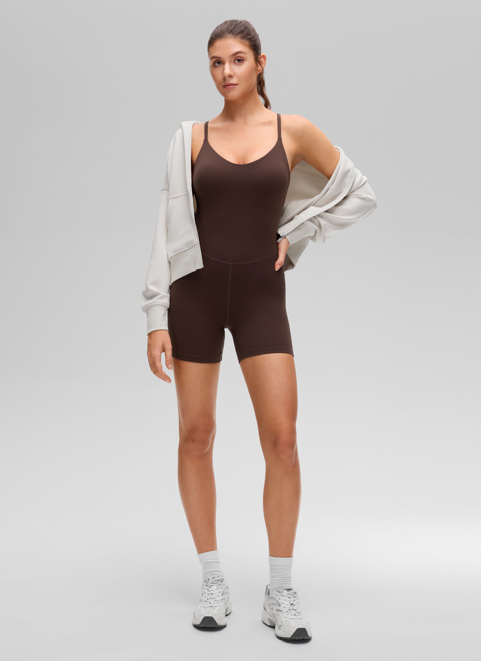 CRZ YOGA Women's Butterluxe Yoga U Neck Cross Back Built in Bra Romper Hot Fudge Brown @model_info:Gelya