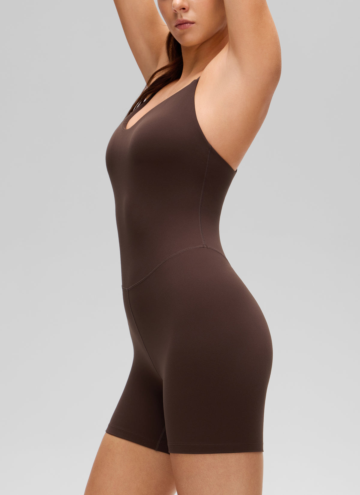 CRZ YOGA Women's Butterluxe Yoga U Neck Cross Back Built in Bra Romper Hot Fudge Brown @model_info:Gelya