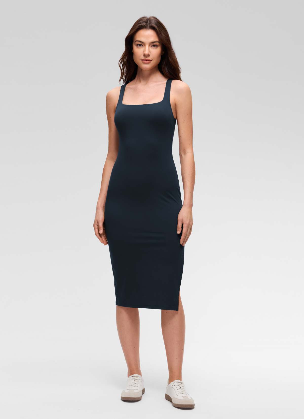 CRZ YOGA Women's Butterluxe Casual Square Neck Side Split Midi Dress True Navy @model_info:Kseniia
