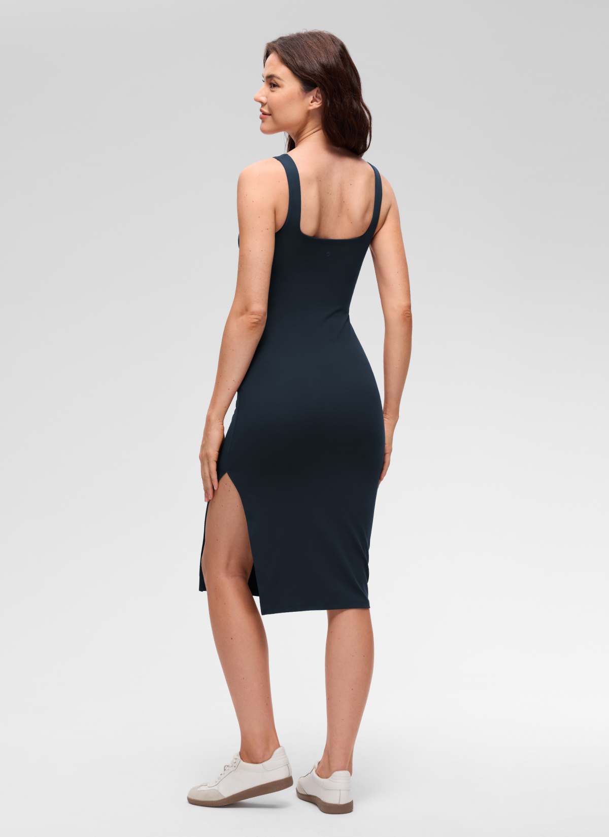 CRZ YOGA Women's Butterluxe Casual Square Neck Side Split Midi Dress True Navy @model_info:Kseniia