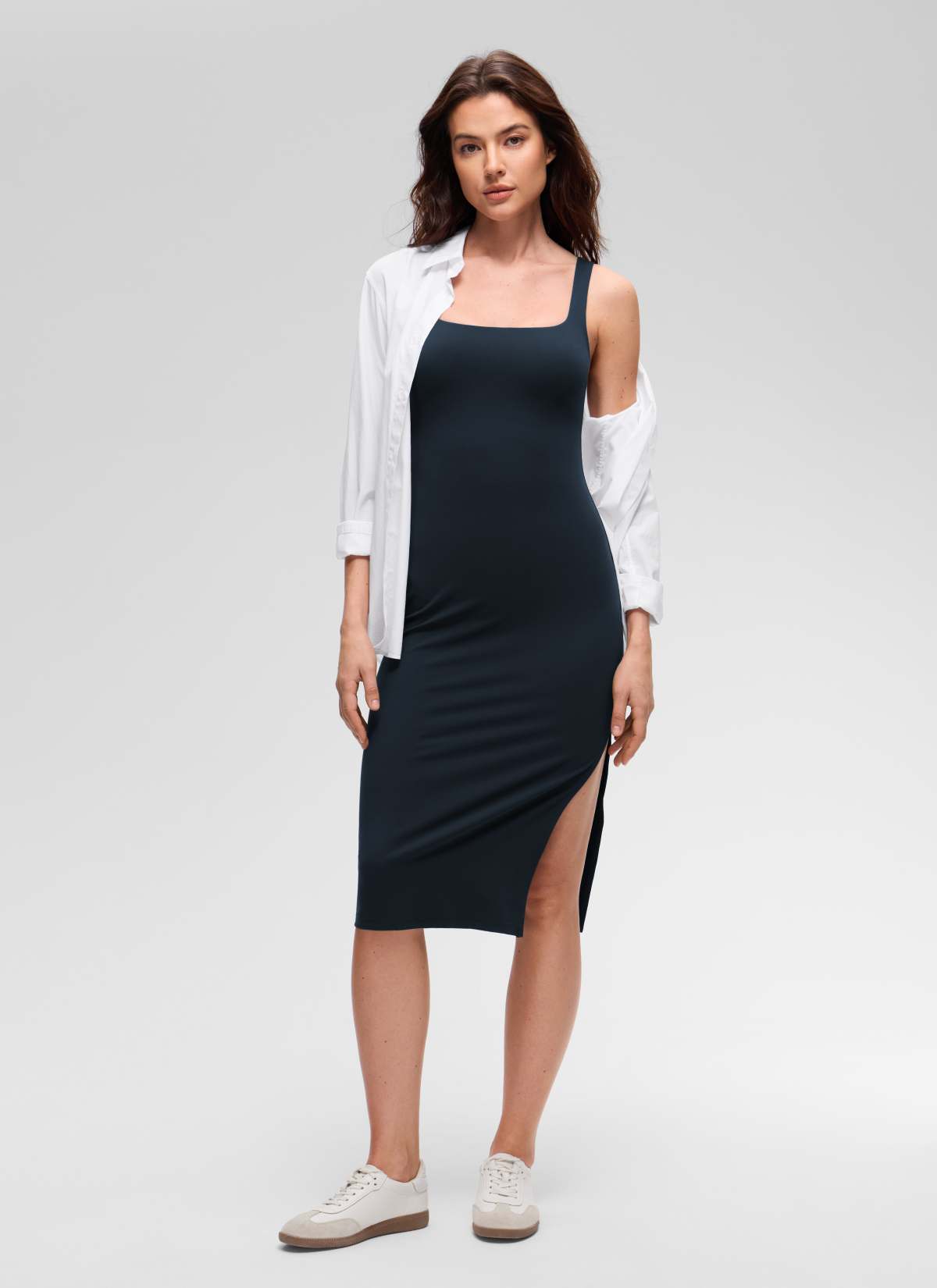 CRZ YOGA Women's Butterluxe Casual Square Neck Side Split Midi Dress True Navy @model_info:Kseniia
