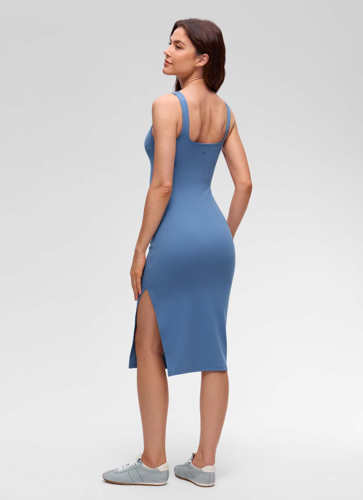 CRZ YOGA Women's Butterluxe Casual Square Neck Side Split Midi Dress Oasis Blue @model_info:Kseniia