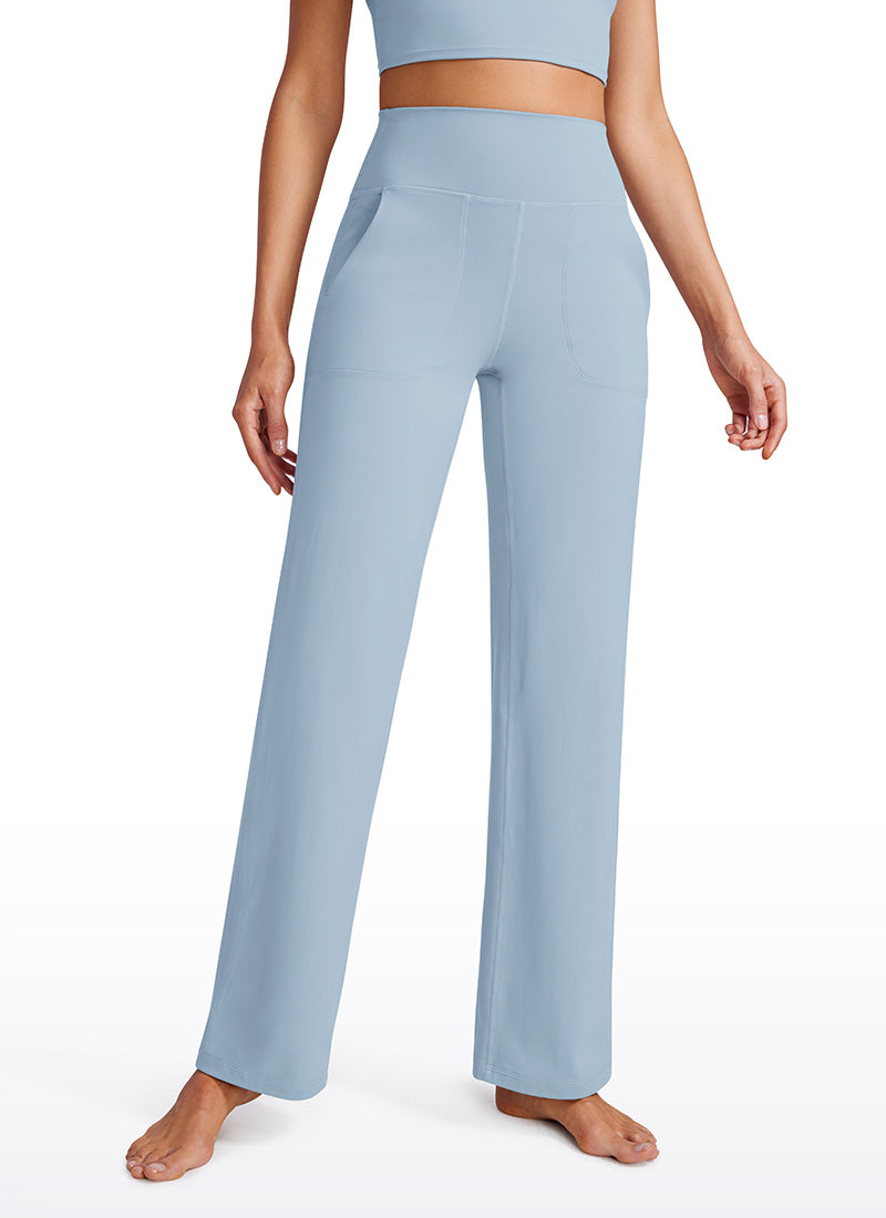 CRZ YOGA Women's Butterluxe High Rise Wide Leg Pants with Pockets 31'' Cambric Blue @model_info:Vlada