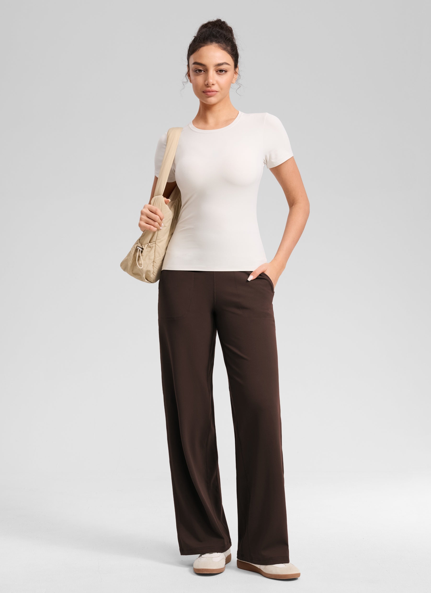 CRZ YOGA Women's Butterlift High Waisted Wide Leg Pants with Pockets Hot Fudge Brown