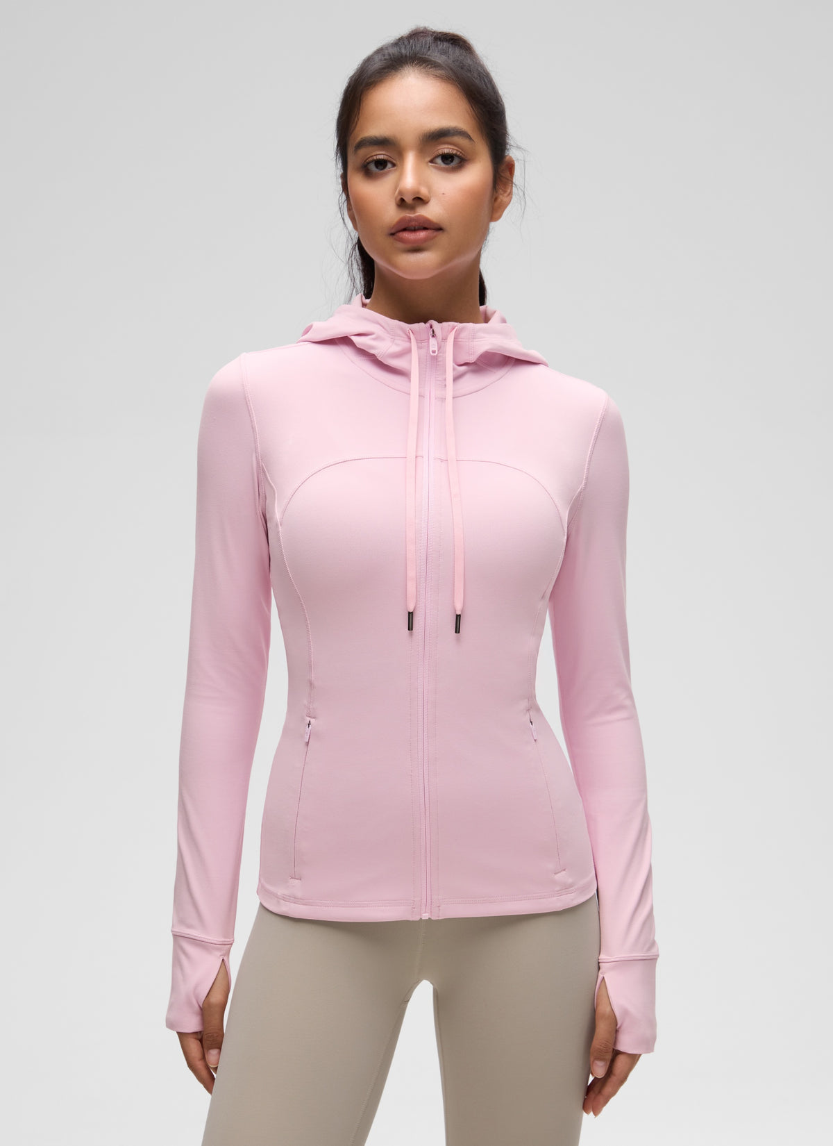 CRZ YOGA Women's Butterluxe Slim Fit Pocket Outerwear Full Zip Hoodies Pink Peony @model_info:Liss