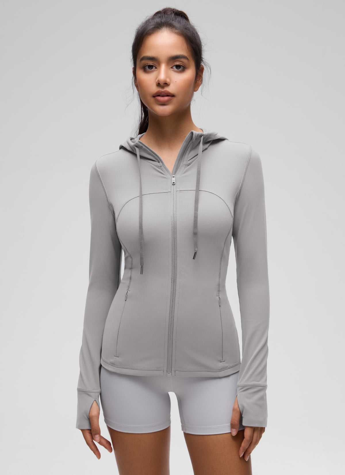 CRZ YOGA Women's Butterluxe Slim Fit Pocket Outerwear Full Zip Hoodies Gull Gray @model_info:Liss