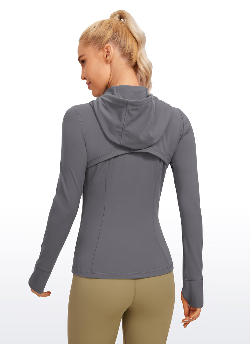 CRZ YOGA Women's Butterluxe Slim Fit Pocket Outerwear Full Zip Hoodies Dark Carbon @model_info:N
