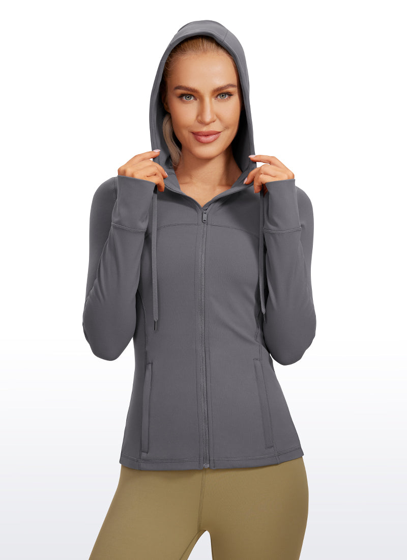 CRZ YOGA Women's Butterluxe Slim Fit Pocket Outerwear Full Zip Hoodies Dark Carbon @model_info:N