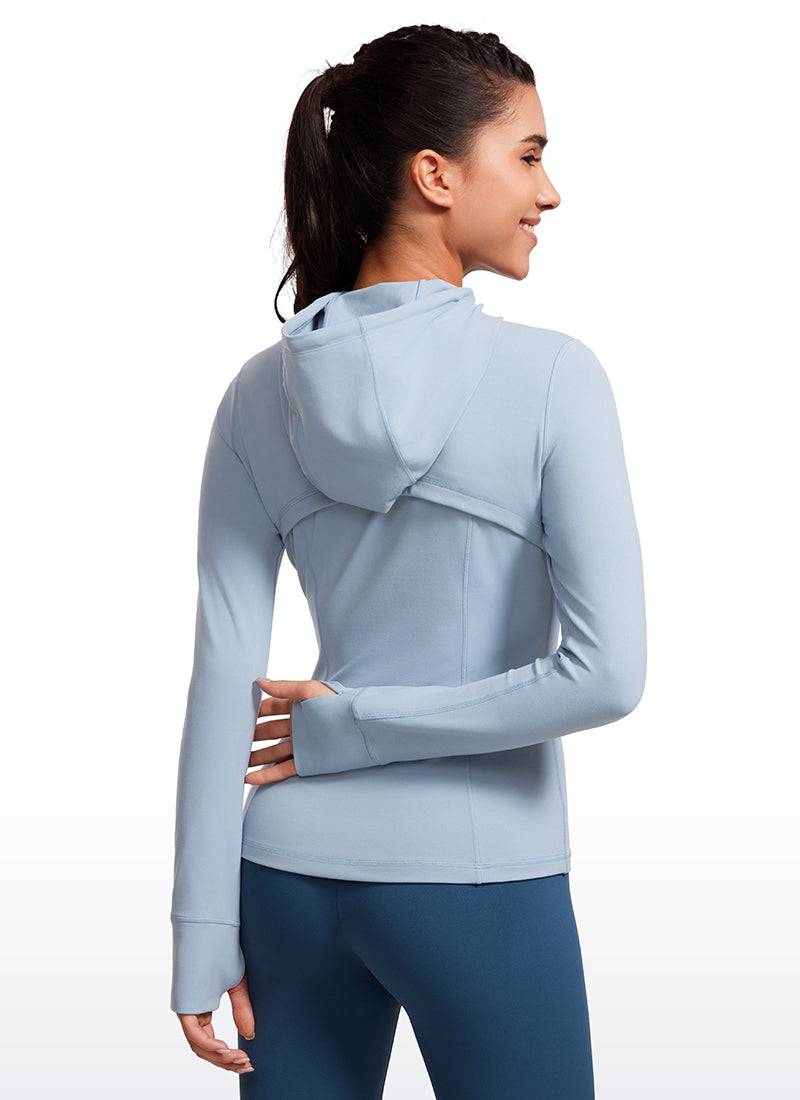 CRZ YOGA Women's Butterluxe Slim Fit Pocket Outerwear Full Zip Hoodies Cambric Blue @model_info:gabri