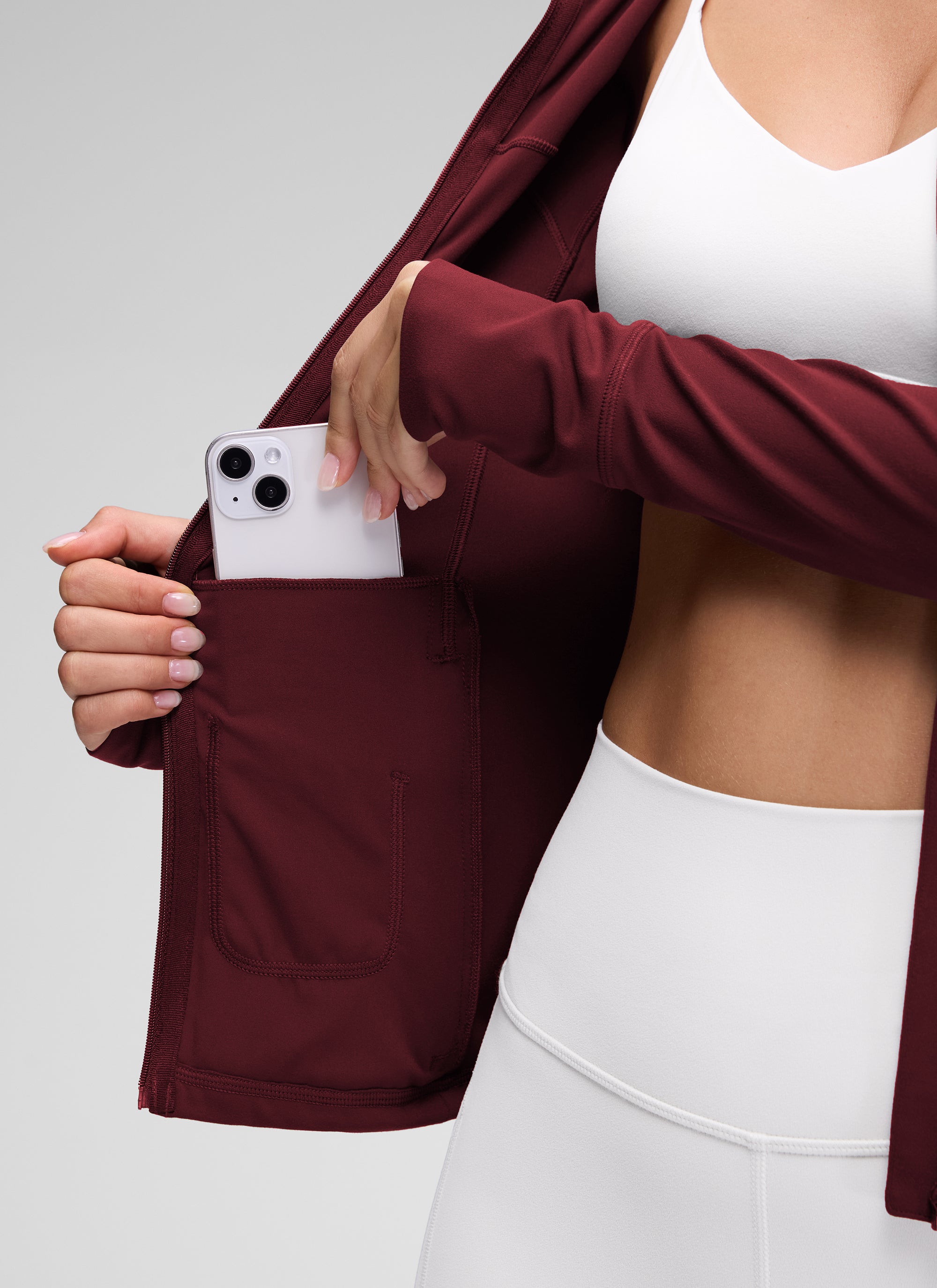 CRZ YOGA Women's Butterluxe Slim Fit Pocket Outerwear Full Zip Hoodies Red Merlot @model_info:Anna