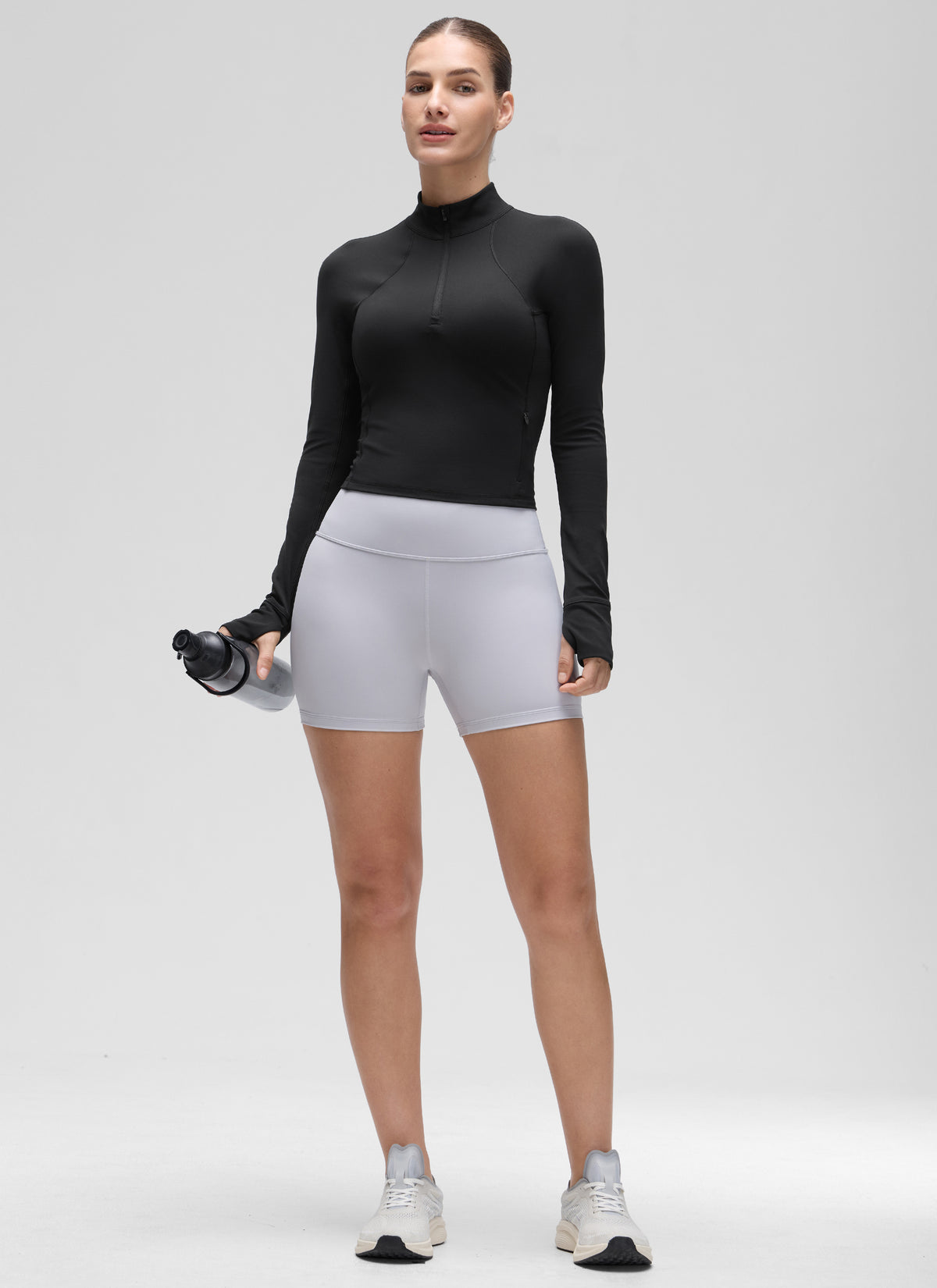 CRZ YOGA Women's Yoga Slim Fit Tops Butterluxe Half-Zip Long Sleeve Black @model_info:Jaynne