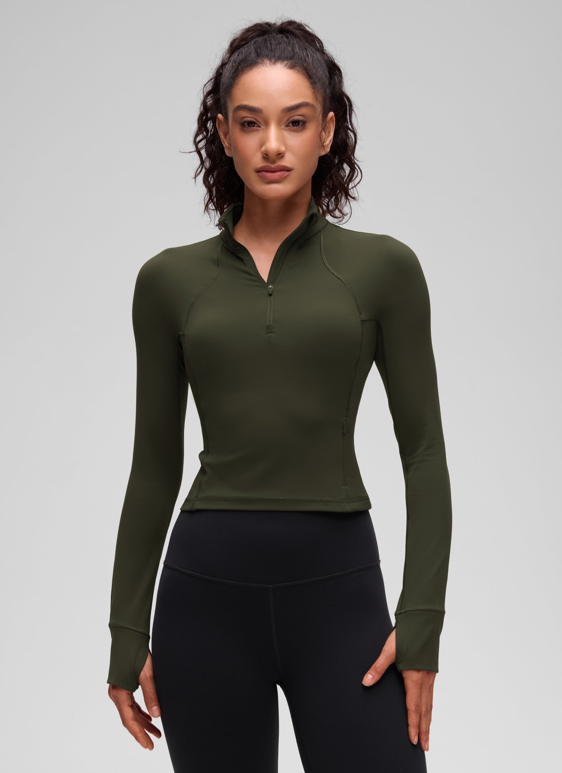 CRZ YOGA Women's Yoga Slim Fit Tops Butterluxe Half-Zip Long Sleeve Olive Green @model_info:Larissa