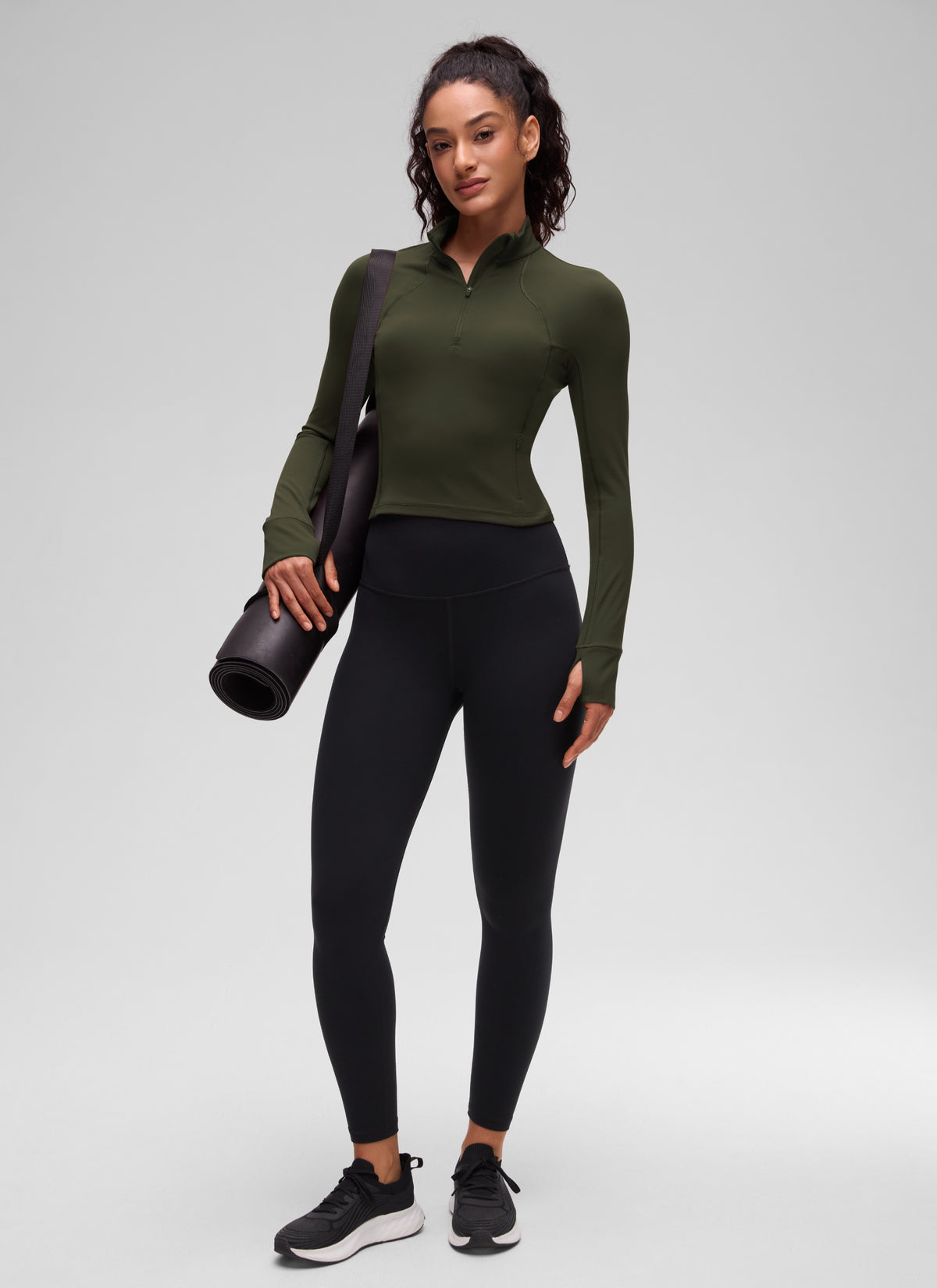 CRZ YOGA Women's Yoga Slim Fit Tops Butterluxe Half-Zip Long Sleeve Olive Green @model_info:Larissa