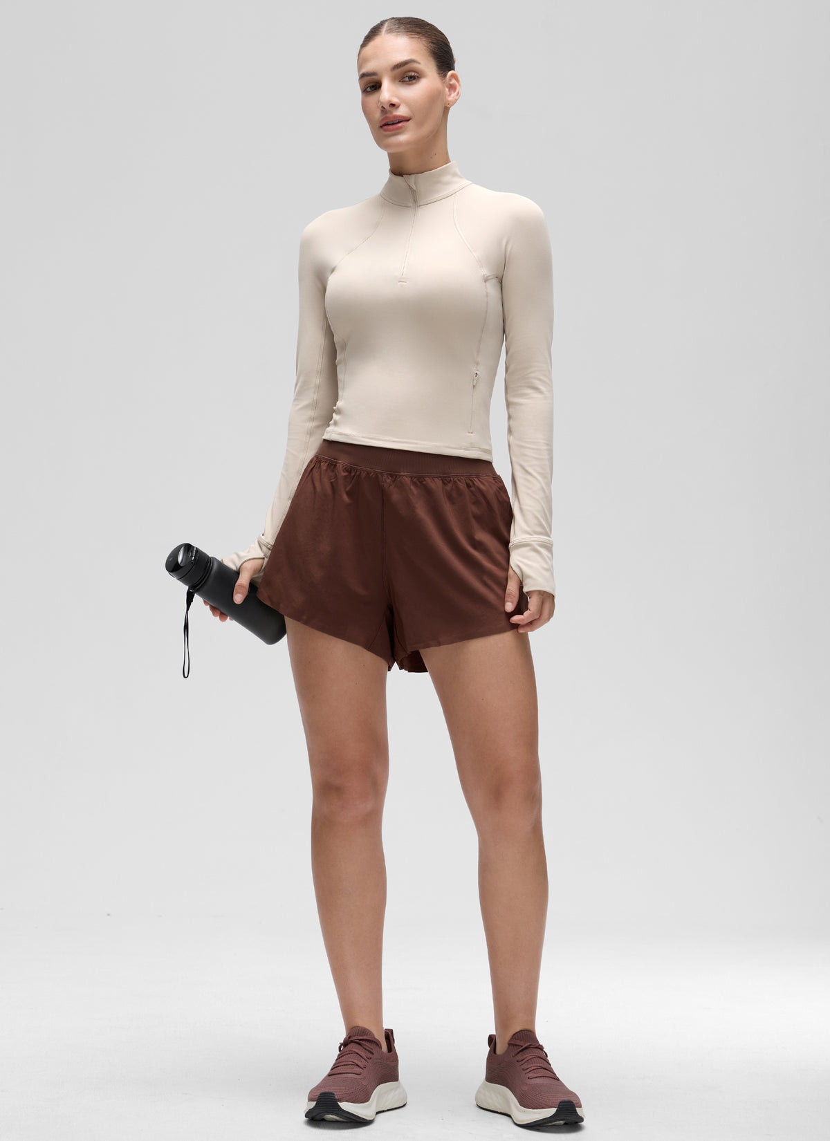 CRZ YOGA Women's Yoga Slim Fit Tops Butterluxe Half-Zip Long Sleeve Mojave Tan @model_info:Jaynne
