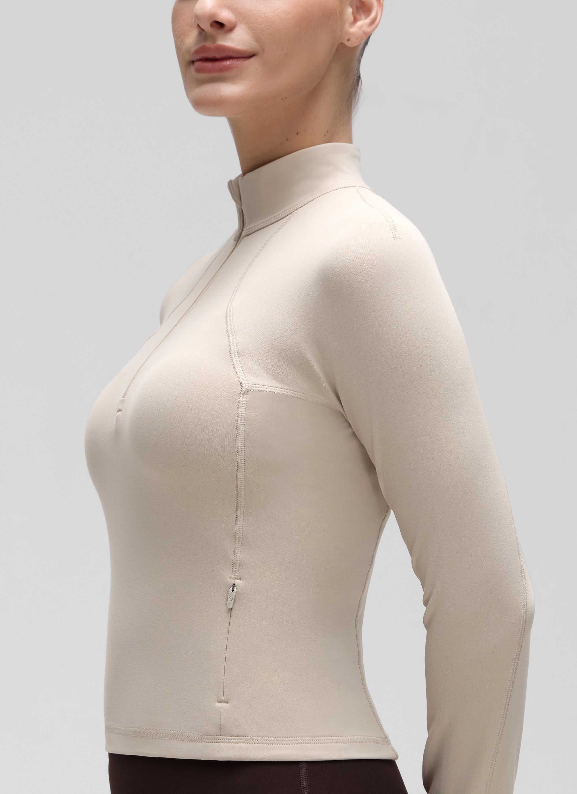 CRZ YOGA Women's Yoga Slim Fit Tops Butterluxe Half-Zip Long Sleeve Mojave Tan @model_info:Jaynne