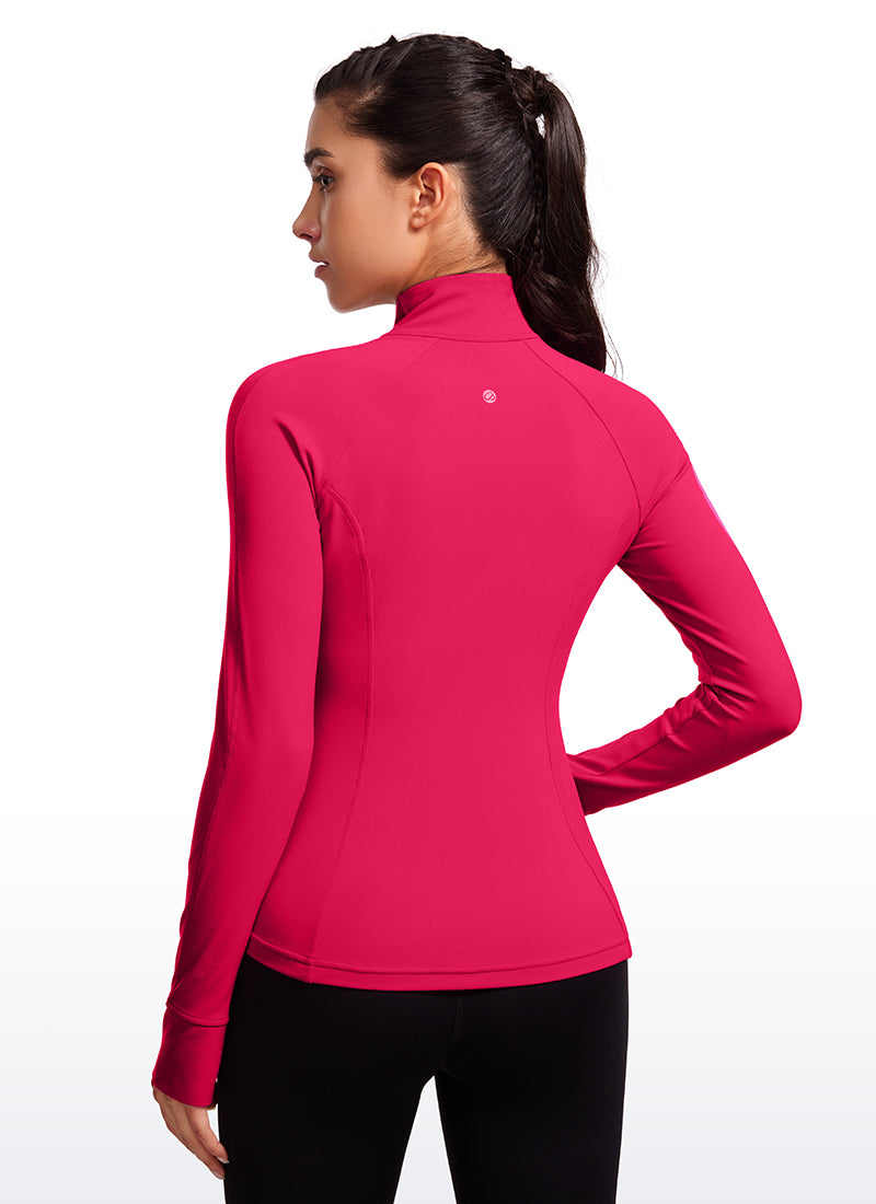 CRZ YOGA - قمصان يوغا نسائية بقصة ضيقة من قماش Butterluxe بسحاب Butterluxe وأكمام طويلة بلون «Viva Magenta»