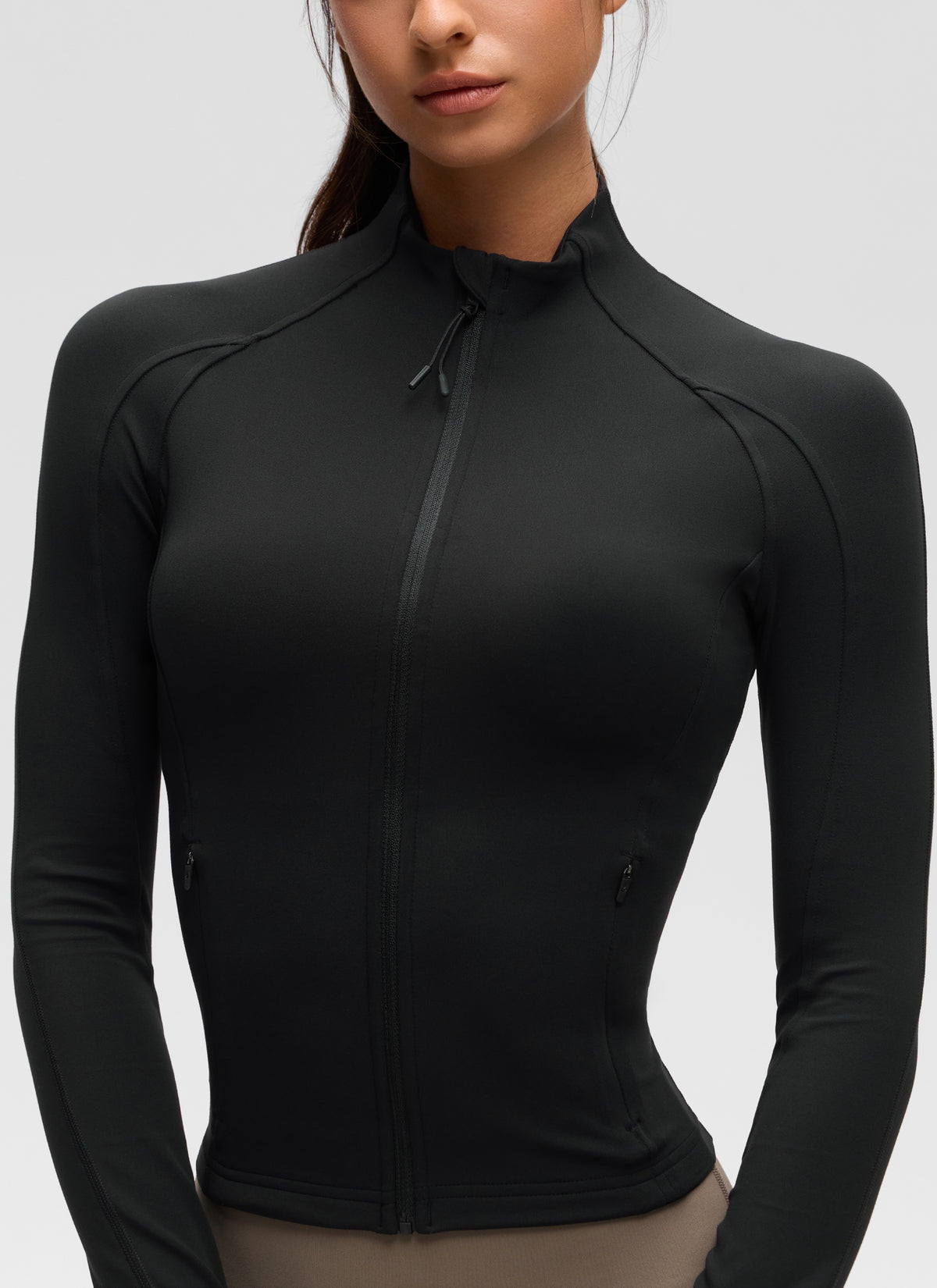 CRZ YOGA Women's Butterluxe Cropped Pocket Outerwear Full Zip Jackets Black @model_info:Isidora