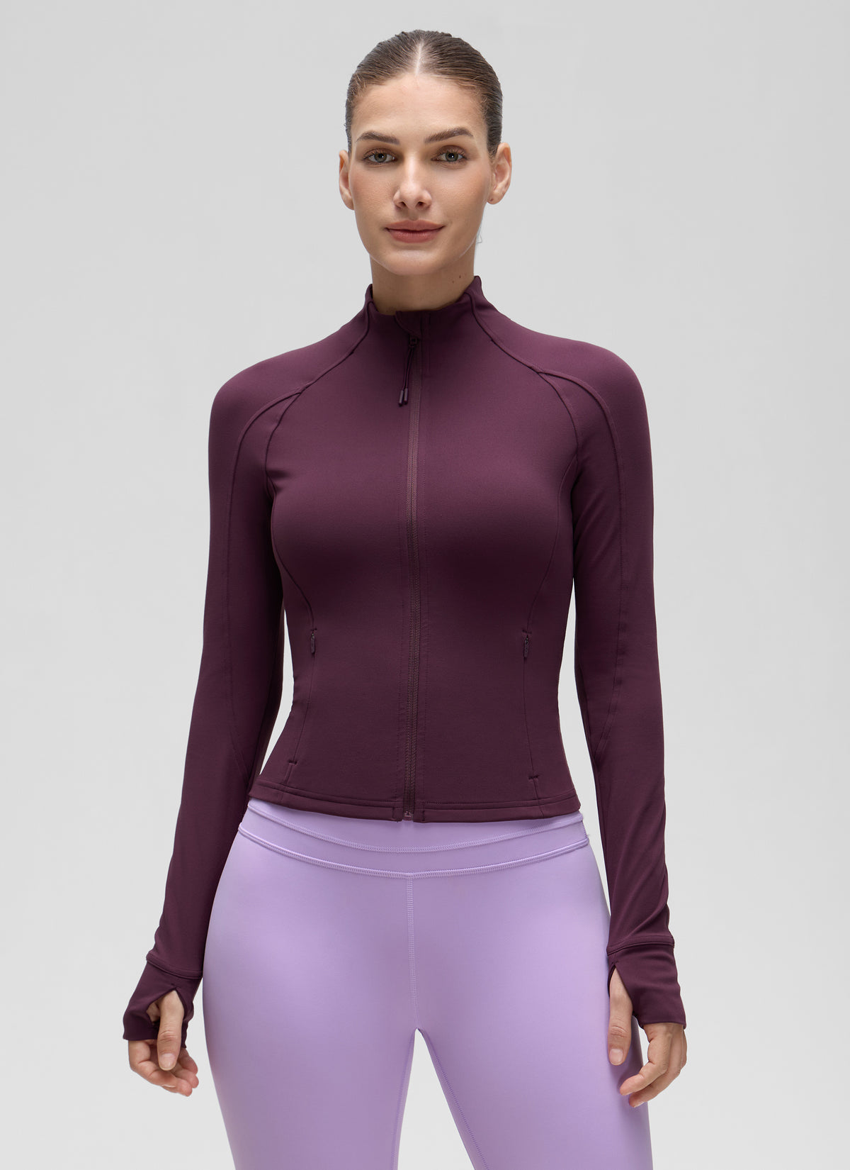 CRZ YOGA Women's Butterluxe Cropped Pocket Outerwear Full Zip Jackets Deep Purple @model_info:J