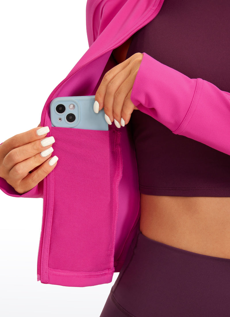 جاكيتات CRZ YOGA النسائية Butterluxe بسحاب كامل قصيرة مع جيوب للملابس الخارجية باللون البنفسجي الكركديه