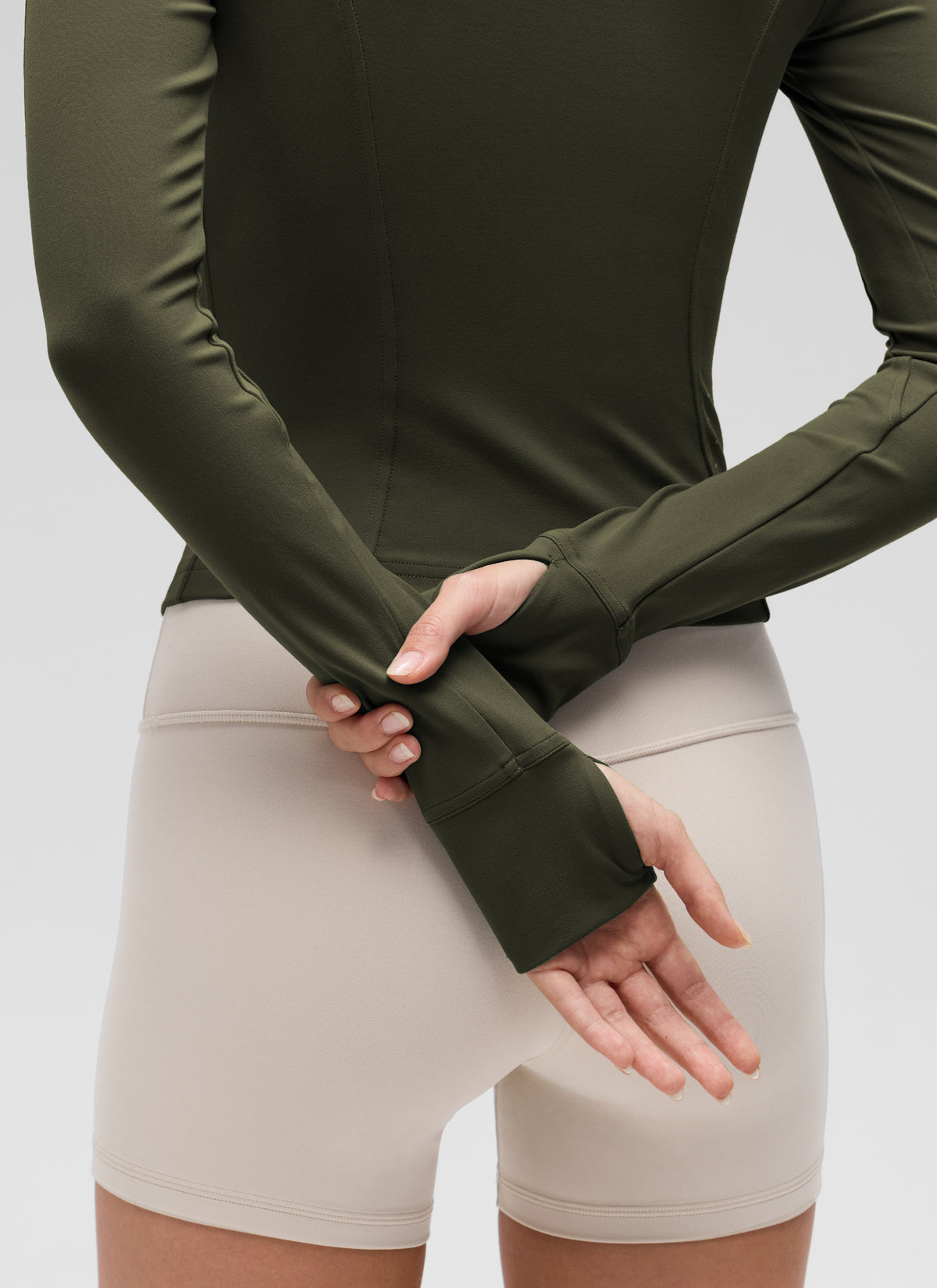 CRZ YOGA Women's Butterluxe Cropped Pocket Outerwear Full Zip Jackets Olive Green @model_info:Anna