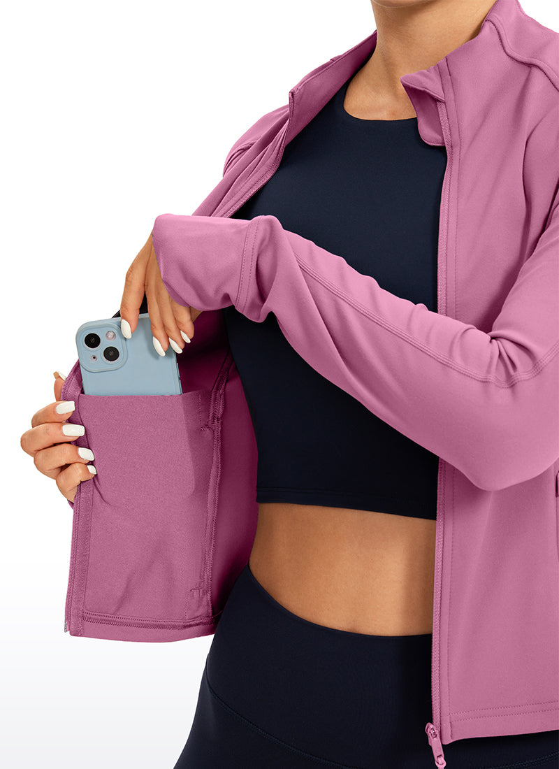 CRZ YOGA Women's Butterluxe Cropped Pocket Outerwear Full Zip Jackets Velvet Dust @model_info:Alice
