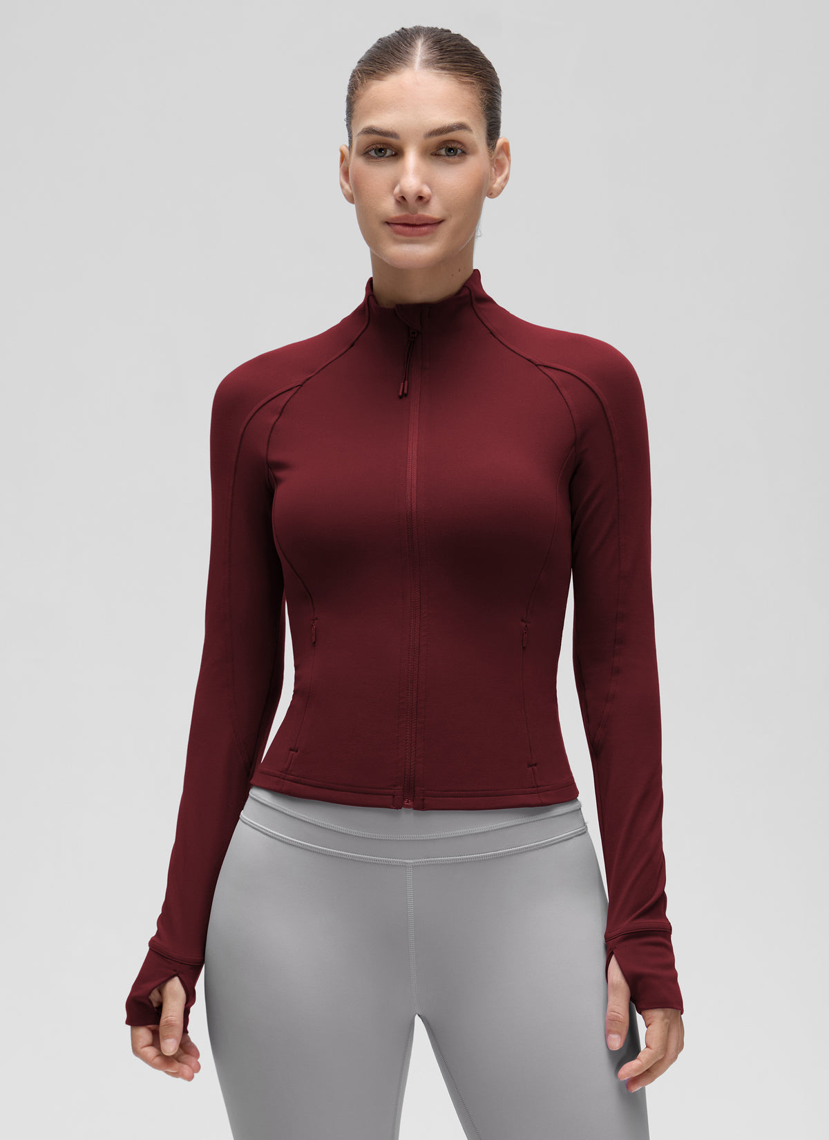 CRZ YOGA Women's Butterluxe Cropped Pocket Outerwear Full Zip Jackets Red Merlot @model_info:J