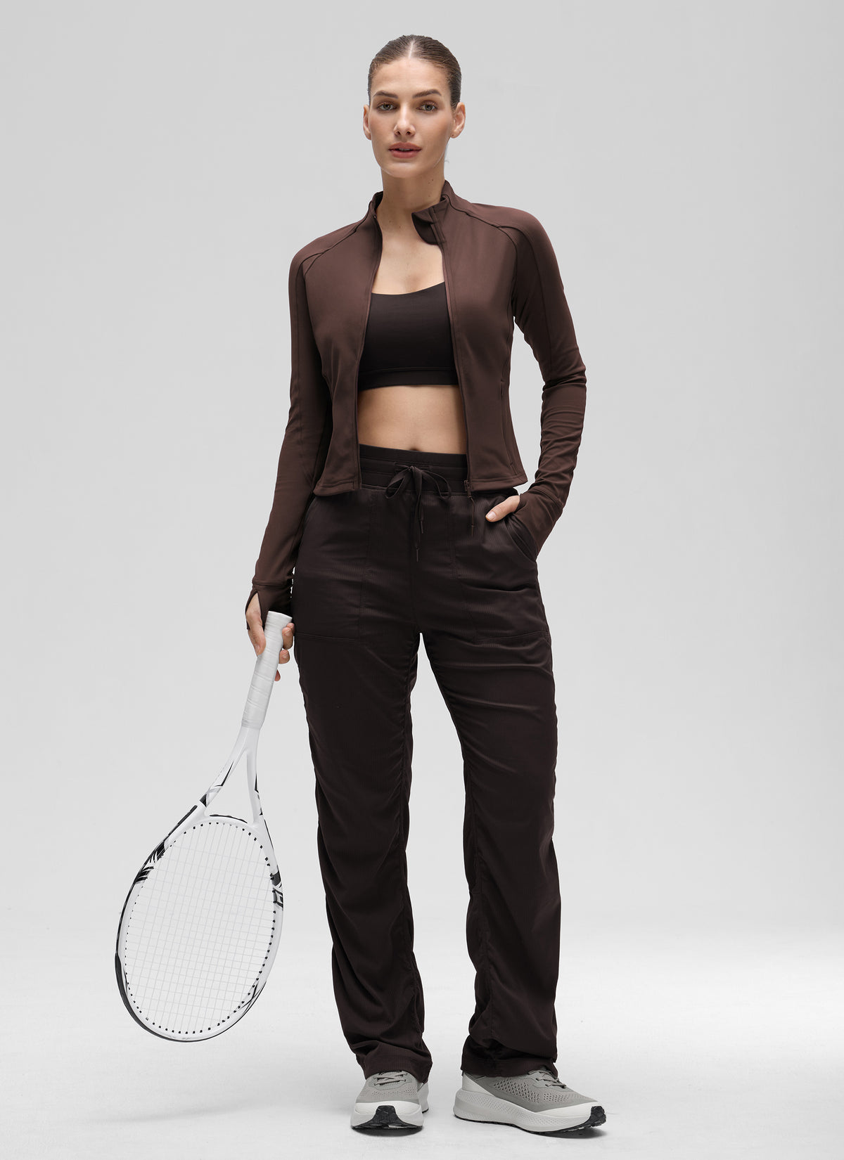 CRZ YOGA Women's Butterluxe Cropped Pocket Outerwear Full Zip Jackets Hot Fudge Brown @model_info:J