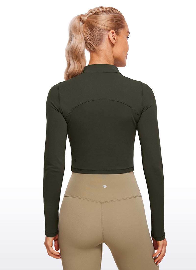 بلوزة نسائية بقصة ضيقة من Butterluxe لليوجا، قصيرة بأكمام طويلة وياقة وهمية مرتفعة من CRZ YOGA بلون أخضر زيتي