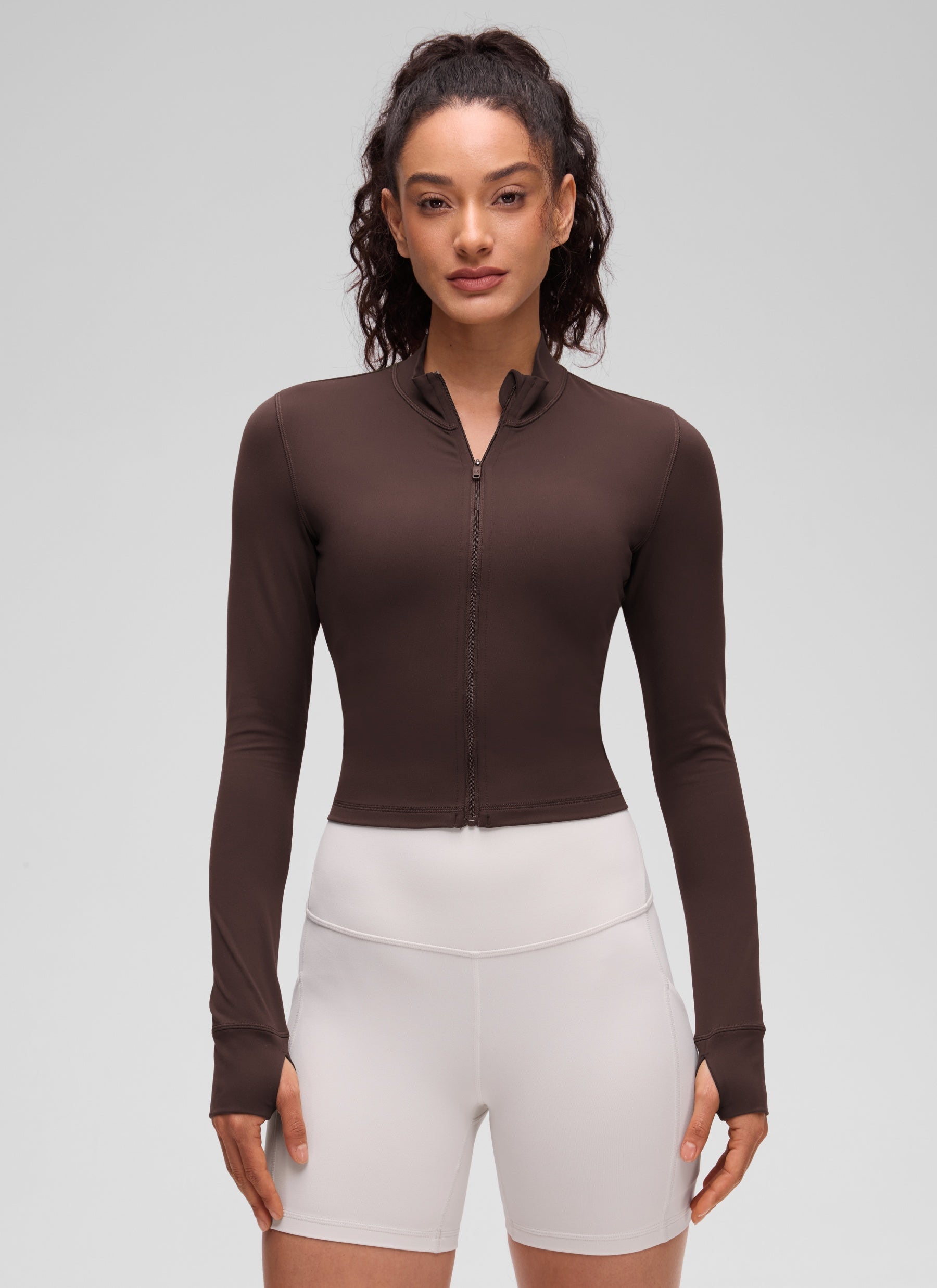 CRZ YOGA Women's Butterluxe Cropped Outerwear Full Zip Jackets Hot Fudge Brown