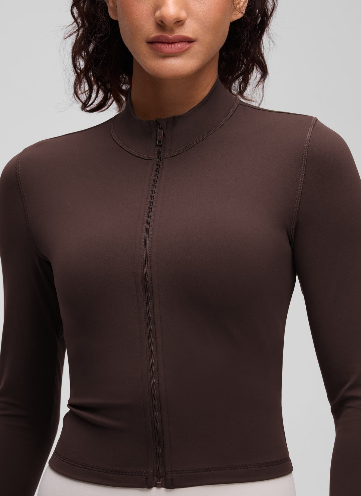 CRZ YOGA Women's Butterluxe Cropped Outerwear Full Zip Jackets Hot Fudge Brown @model_info:Larissa