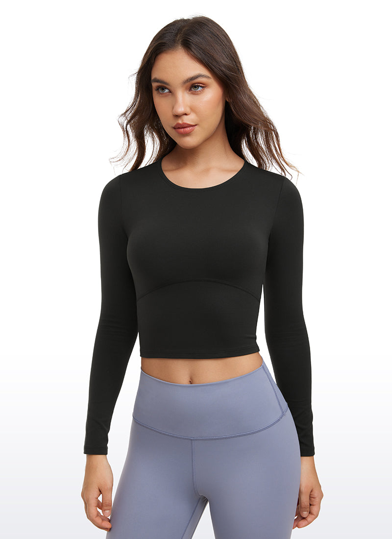CRZ YOGA - قميص يوغا نسائي ضيق القصة من قماش Butterluxe ، بأكمام طويلة، وخط خياطة أمامي، أسود