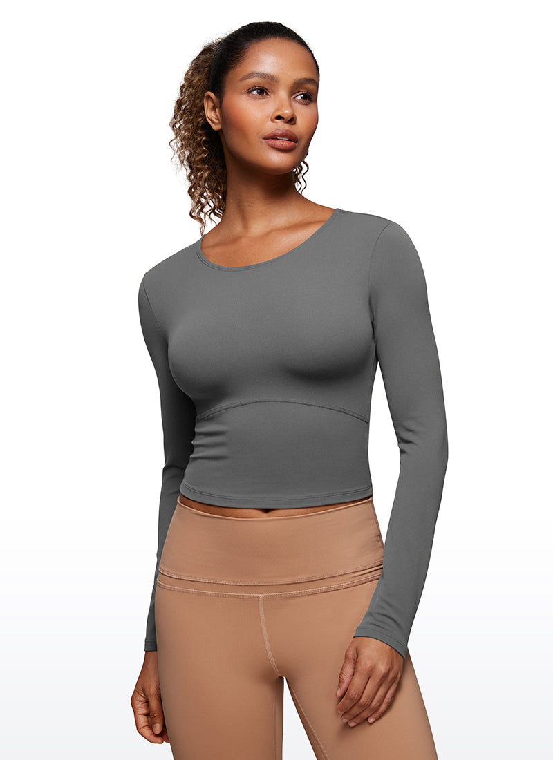 CRZ YOGA Women's Slim Fit Yoga Butterluxe Crop Long Sleeves Front Seam Lava Smoke Grey @model_info:gigi