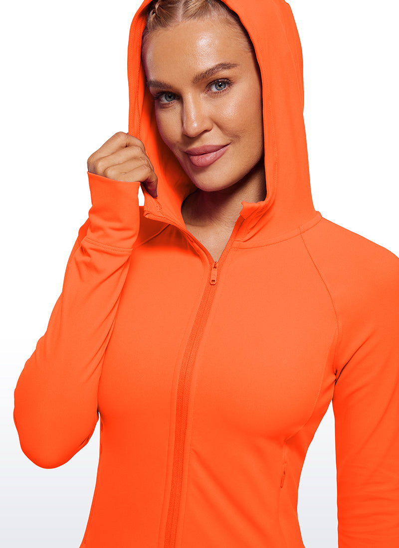 CRZ YOGA Women's Butterluxe Outerwear Full Zip Hoodies Jackets Neon Orange @model_info:Natali