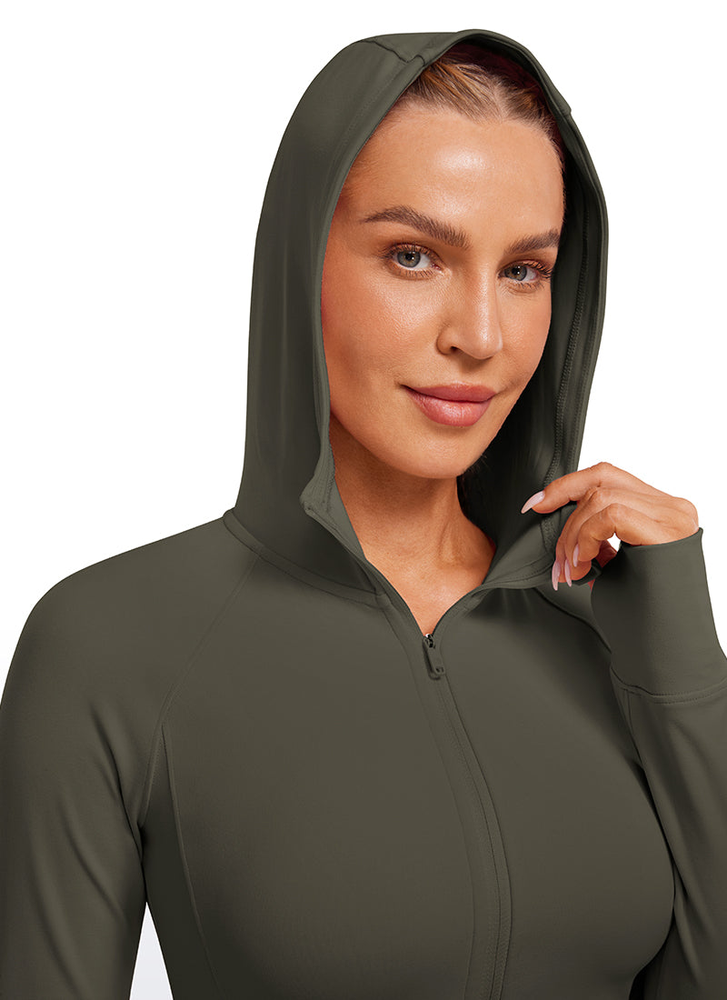 CRZ YOGA Women's Butterluxe Outerwear Full Zip Hoodies Jackets Light Army Green @model_info:Natali